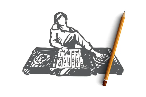 DJ, muzyka, club, disco, koncepcja partii. Ręcznie rysowane na białym tle wektor. — Wektor stockowy