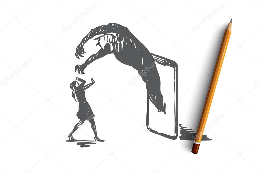 Phone, gadget, addiction, woman, media concept. Hand drawn isolated vector.