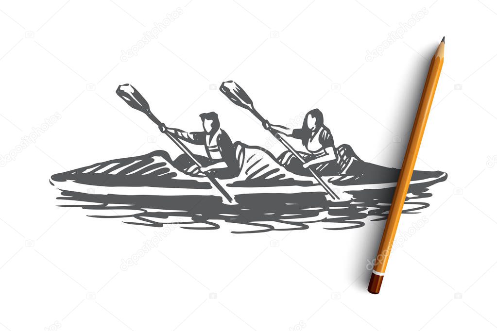 Kayak, sport, water, paddle, canoe concept. Hand drawn two persons in kayak concept sketch. Isolated vector illustration.