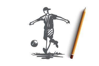 Çocuk, spor, futbol, top, çocuk kavramı. Elle çizilmiş izole vektör.