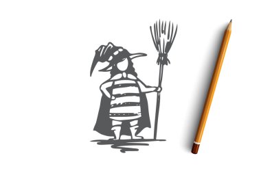 Cadılar Bayramı, Erkek, kostüm, şapka, süpürge kavramı. Elle çizilmiş izole vektör.