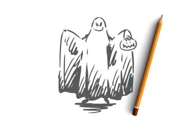 Cadılar Bayramı, hayalet, korku, korku, eğlence kavramı. Elle çizilmiş izole vektör.