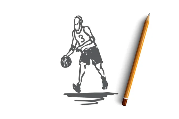Vieux, mec, jeu, basket, concept d'activité. Vecteur isolé dessiné à la main . — Image vectorielle