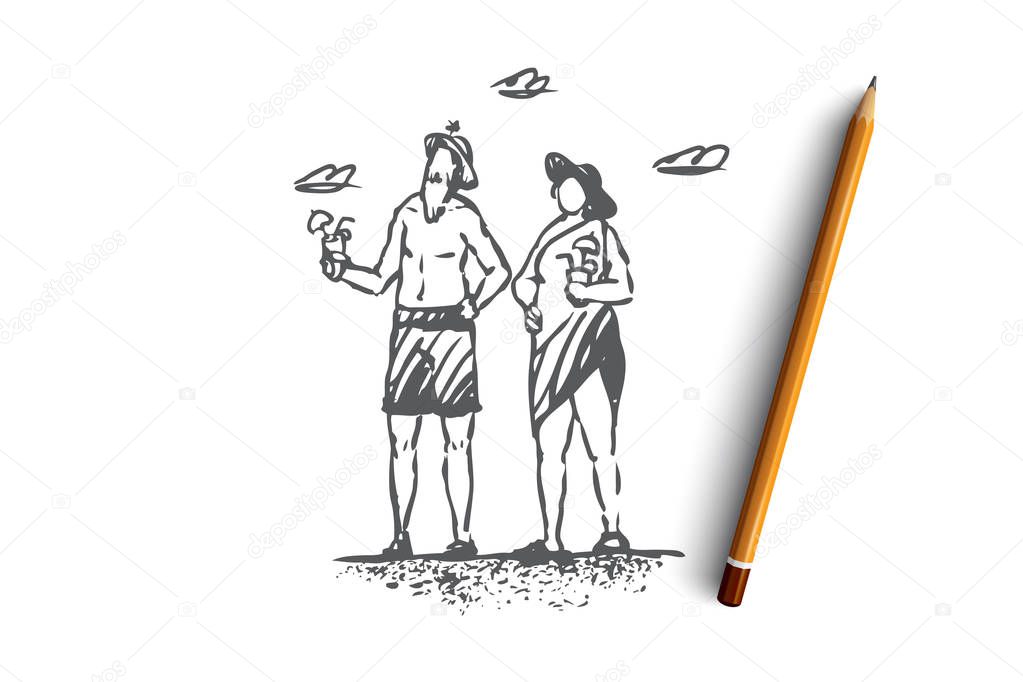 Old, couple, recreation, beach, family concept. Hand drawn isolated vector.