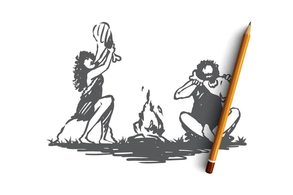 原始的な人、たき火、穴居人、古代概念。手描き下ろし分離ベクトル. — ストックベクタ