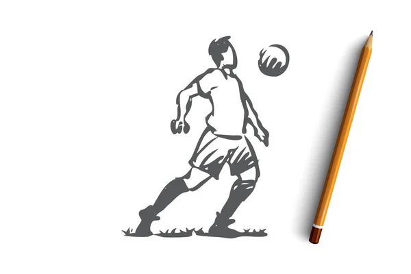 Jugador de fútbol, fútbol, gol, concepto de patada. Vector aislado dibujado a mano . — Vector de stock