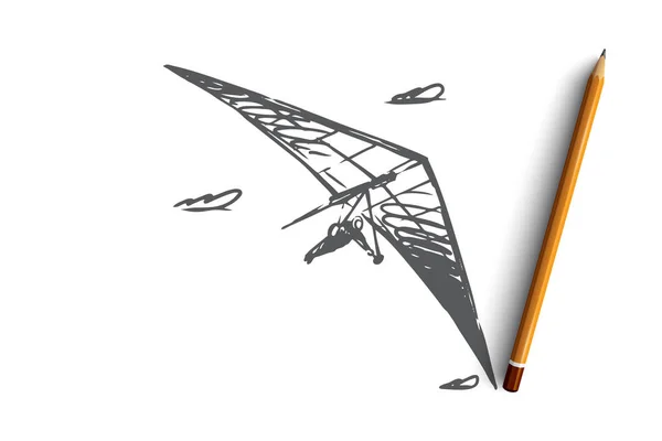 Planeador colgante, extremo, cielo, deporte, concepto de mosca. Vector aislado dibujado a mano . — Vector de stock