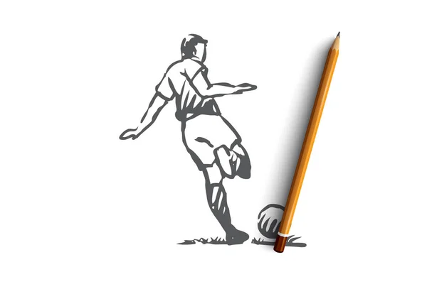 Jugador de fútbol, fútbol, gol, concepto de patada. Vector aislado dibujado a mano . — Vector de stock