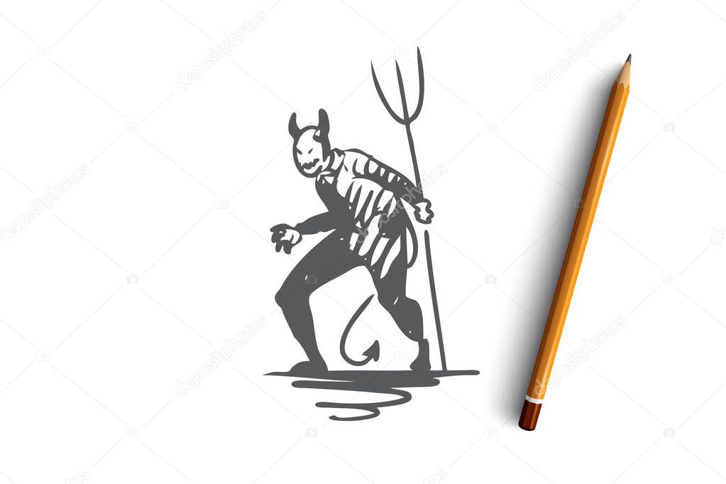Halloween, monster, devil, scary, pitchfork concept. Hand drawn isolated vector.