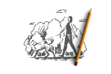 Köpek, kadın, büyük, park, evde beslenen hayvan kavramı. Elle çizilmiş izole vektör.