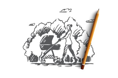 Anne, Bebek, çocuk, park, yürüyüş kavramı. Elle çizilmiş izole vektör.