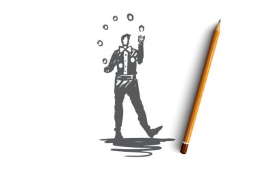 Sirk, sanatçı, palyaço, performans, gösteri kavramı. Elle çizilmiş izole vektör.