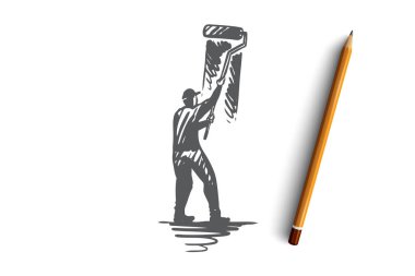 Resim, duvar, fırça, rulo, tasarım konsepti. Elle çizilmiş izole vektör.