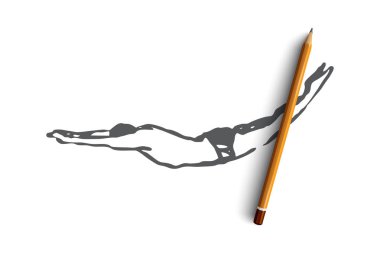 Adam, atlama, su, havuzu, Dalış kavramı. Elle çizilmiş izole vektör.