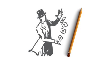 Street, Sihirbazı, Sihir, performans, sepeti kavramı. Elle çizilmiş izole vektör.