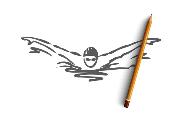 Natación, mariposa, derrame cerebral, atleta, concepto de piscina. Vector aislado dibujado a mano . — Vector de stock