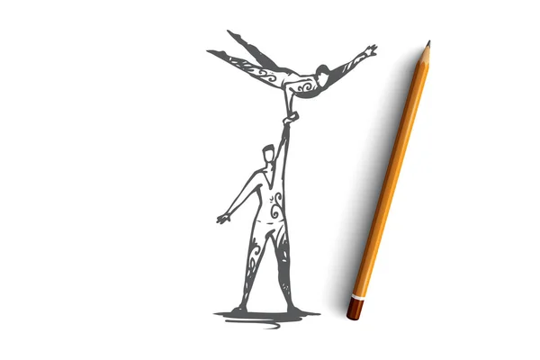 Akrobatik, sirk, denge, performans, işbirliği kavramı. Elle çizilmiş izole vektör. — Stok Vektör