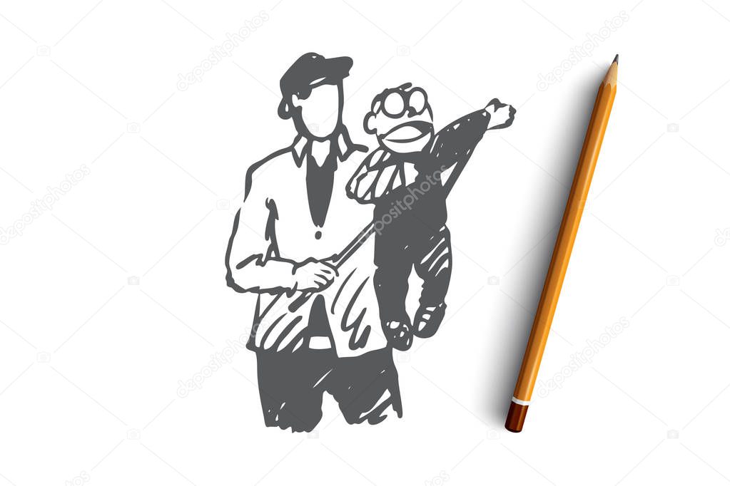 Ventriloquist, man, dummy, performance concept. Hand drawn isolated vector.