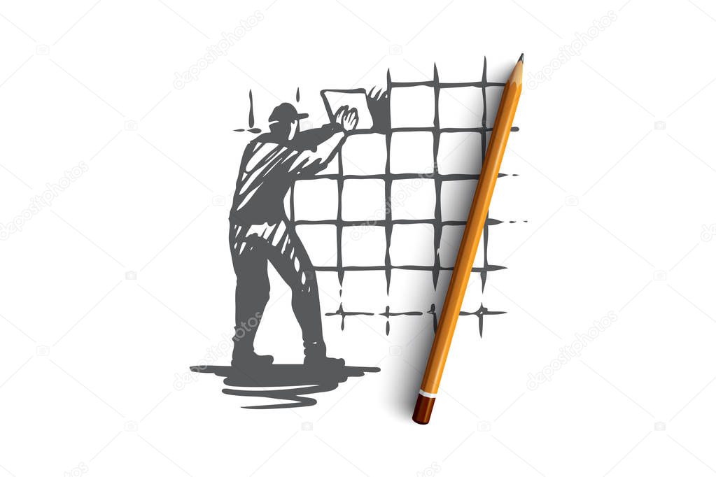 Wall tiling, house, repair, worker concept. Hand drawn isolated vector.