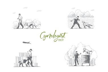 Cynologist-özel insanlar eğitim köpekler açık havada vektör kavramı set