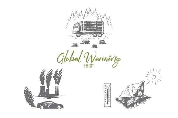 Opwarming van de aarde-fabriek vervuiling, ijsberg smelten, kappen van bomen vector concept set — Stockvector