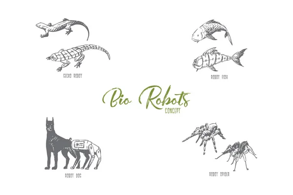 Robot robot - robot ikan, anjing, laba-laba dan konsep vektor tokek ditetapkan - Stok Vektor