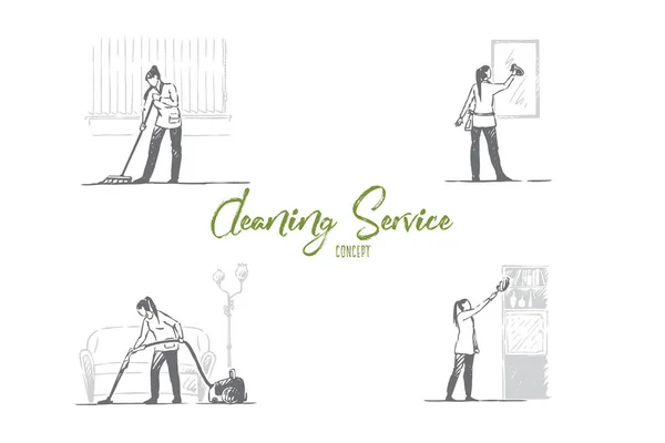 Cleaning service - washing floor, mirrors, shelves and vacuuming vector concept set — Stock Vector