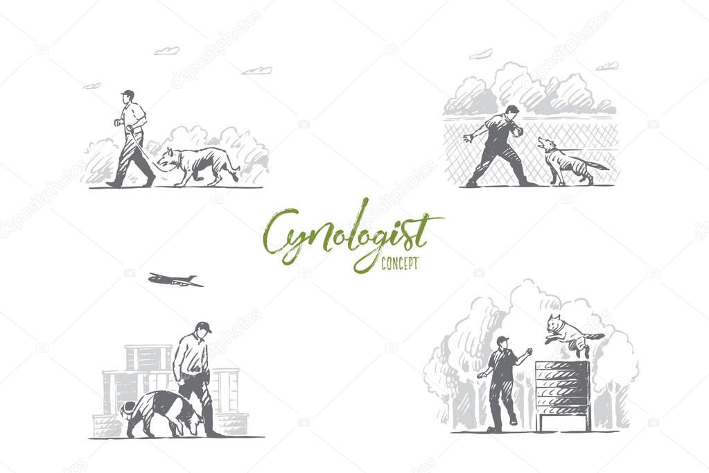 Cynologist - special people training dogs outdoors vector concept set