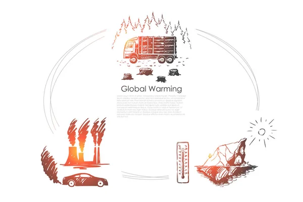 Opwarming van de aarde-fabriek vervuiling, ijsberg smelten, kappen van bomen vector concept set — Stockvector