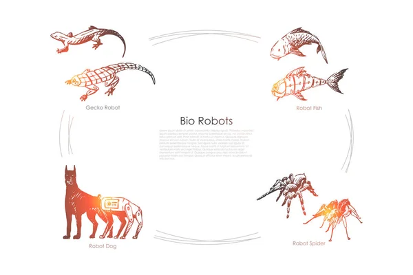 Bio roboty-Robot ryba, pies, Pająk i Gecko wektor zestaw koncepcyjny — Wektor stockowy