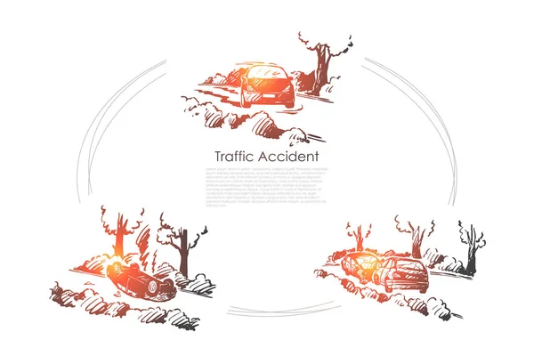 Trafik olycka-trasiga bilar vid trafik olyckor utomhus vektor koncept uppsättning — Stock vektor