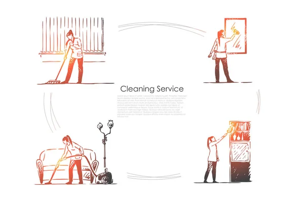 Servicio de limpieza - lavado de suelo, espejos, estantes y juego de vectores de aspiración — Archivo Imágenes Vectoriales