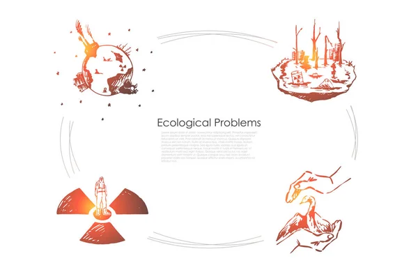 Ecologische problemen-besparing van zeldzame soorten, vervuiling, Global wrming vector concept set — Stockvector