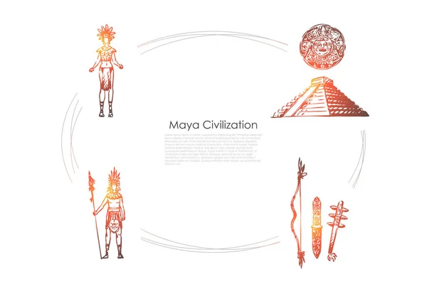 Maya Civilization-Maya People, gereedschap en piramide vector concept set — Stockvector