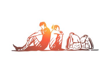 Göçmen, kriz, aile, yasadışı, çanta kavramı. Elle çizilmiş izole vektör.