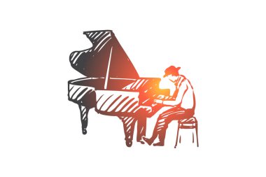 Müzisyen, caz, piyano, performans, müzik konsepti. Elle çizilmiş izole vektör.