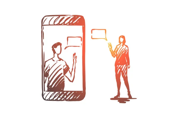 Mobiel, communicatie, bericht, vrouw, man concept. Hand getekende geïsoleerde vector. — Stockvector