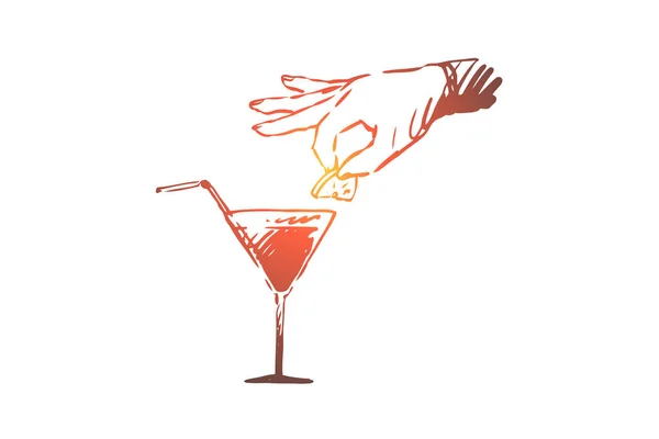 酒吧， 酒精， 饮料， 玻璃， 鸡尾酒概念.手绘隔离矢量. — 图库矢量图片