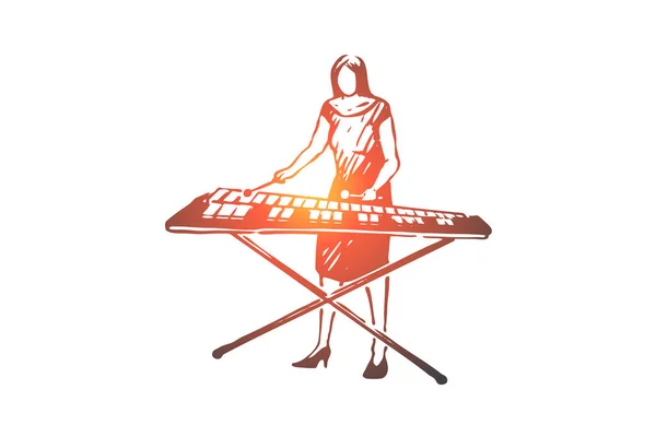Vibraphone, zene, nő, hangszer, játék koncepció. Kézzel rajzolt izolált vektor. — Stock Vector