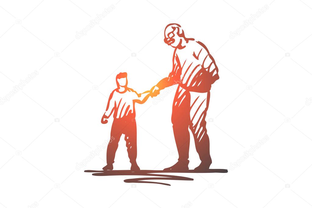 Kid, good, manners, boy, help, grandfather concept. Hand drawn isolated vector.