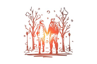 Kış, park, çift, yürüyüş, aşk konsepti. Elle çizilmiş izole vektör.