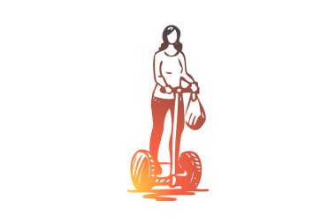 Segway, kadın, elektrik, ulaşım, teknoloji konsepti. Elle çizilmiş izole vektör.