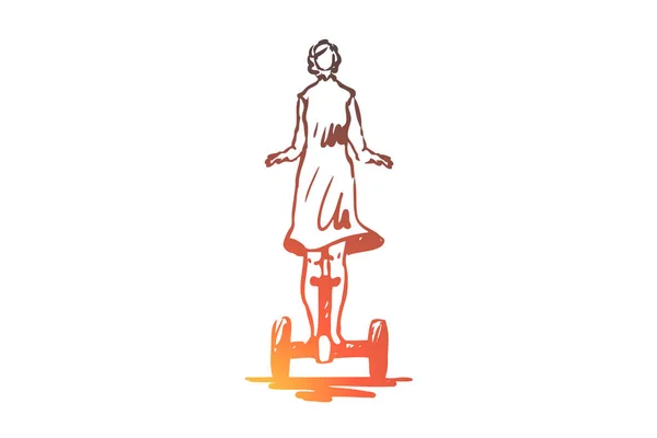 Segway, mulher, vestido, eco, transporte, conceito de veículo. Vetor isolado desenhado à mão . —  Vetores de Stock