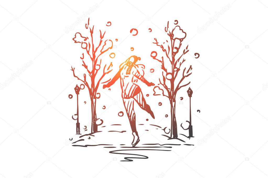 Winter, park, women, skating, ice, active concept. Hand drawn isolated vector.