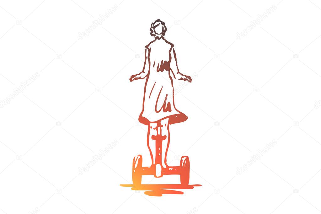 Segway, woman, dress, eco, transport, vehicle concept. Hand drawn isolated vector.