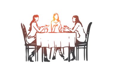 Kadınlar, restoran, masa, yemekler, sohbet konsepti. Elle çizilmiş izole vektör.