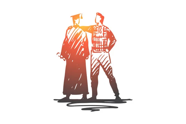 Father, son, student, university, graduation concept. Hand drawn isolated vector.