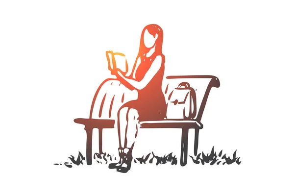 学生， 女孩， 书， 阅读， 长凳概念.手绘隔离矢量. — 图库矢量图片