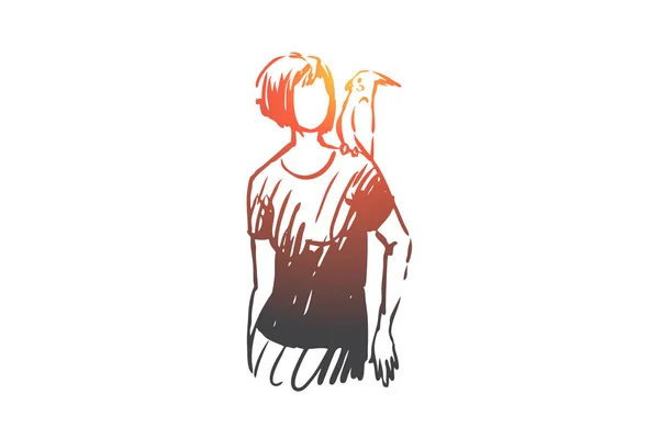 Woman, parrot, bird, animal concept. Hand drawn isolated vector. — Stock Vector