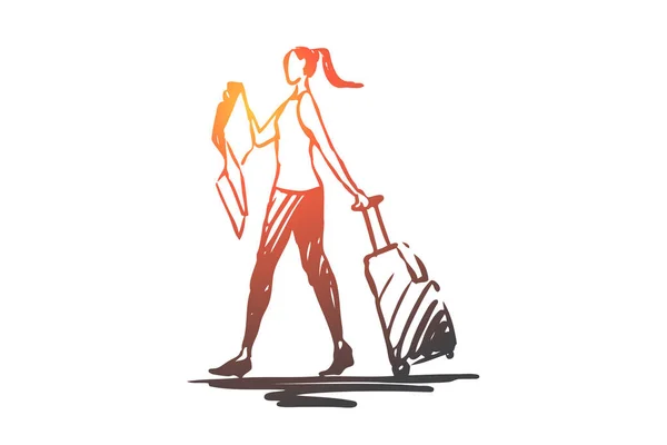 旅行者、女性、荷物、観光客、スーツケースのコンセプト。手描きの孤立ベクトル. — ストックベクタ